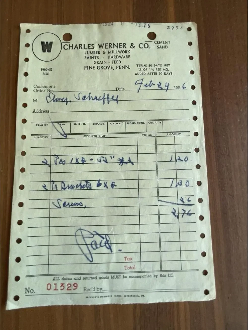 Charles Werner & Co Receipt Invoice Pine Grove Pennsylvania 1956